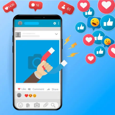 Ilustração de engajamento em postagem: coração (curtida) crescendo com elementos de gráfico e alcance, fundo limpo.