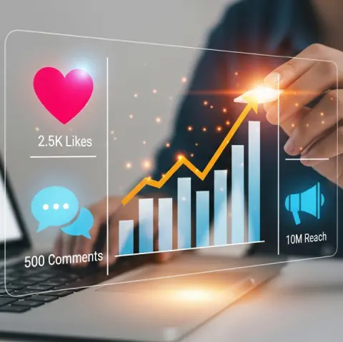 Imagem abstrata em fundo claro mostrando crescimento de alcance de vídeos e elementos de engajamento visual.